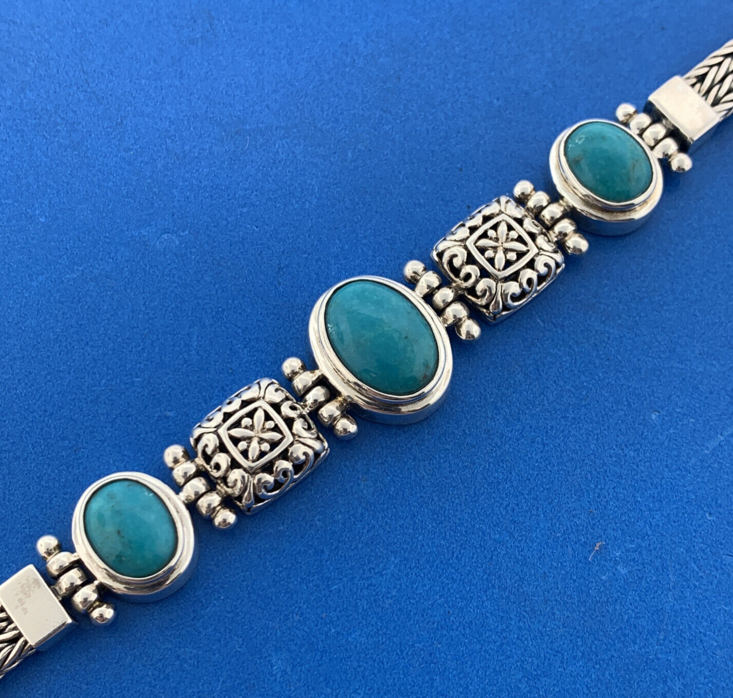 Designer 925 Sterling Silver Oval Turquoise Trio Statement Toggle Bracelet