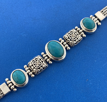 Designer 925 Sterling Silver Oval Turquoise Trio Statement Toggle Bracelet