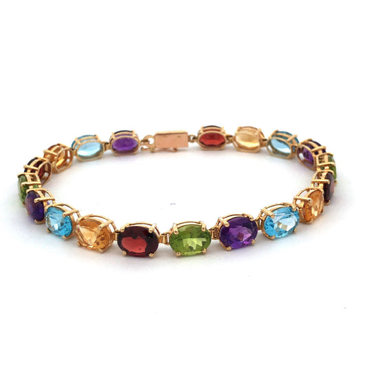 Designer 14K Yellow Gold Oval Mixed Gemstone Statement Mother's Tennis Bracelet