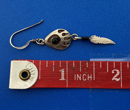 Estate Native American Sterling Silver Black Onyx Bear Paw Feather Drop Earrings