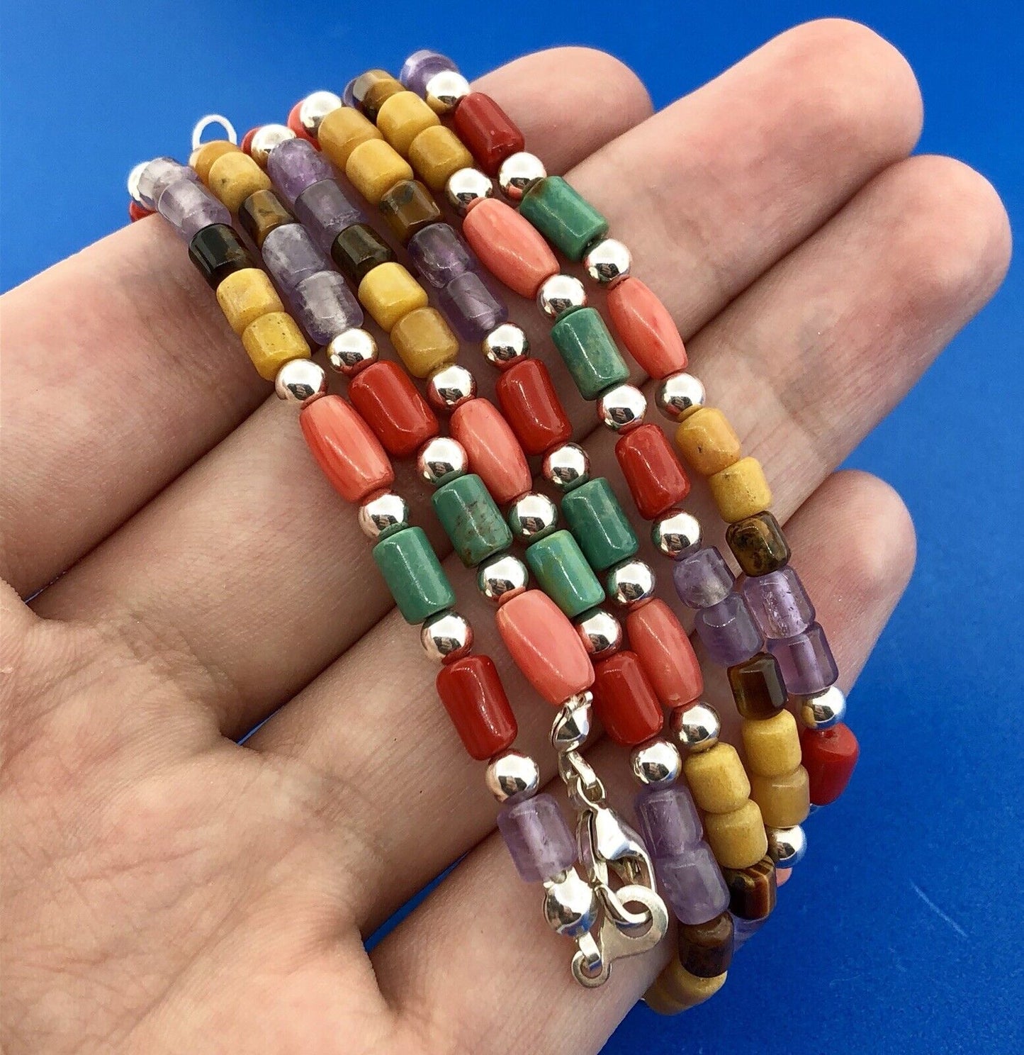 Designer Sterling Silver Turquoise Coral Amethyst Japser Tigers Eye Necklace