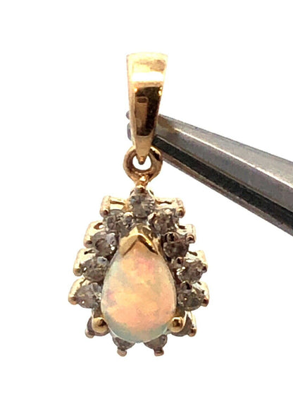 Designer EC 14K Yellow Gold Pear Cut White Opal Diamond Halo Pendant