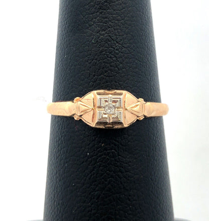 Vintage 10K Yellow Gold Round Diamond Solitaire Square Top Engagement Ring