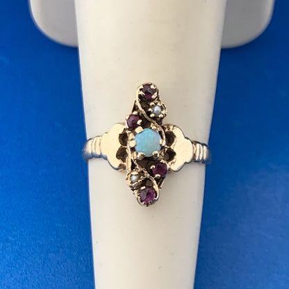 Gorgeous 10k Yellow Gold White Opal Red Ruby Gray Pearl Women's Ring Size 4