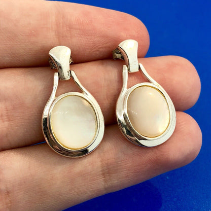 Designer SU 925 Sterling Silver Mother Of Pearl Oval Disc Drop Dangle Earrings