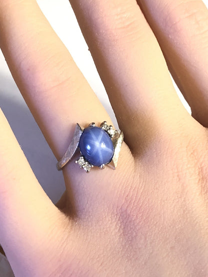Mid Century Modern 14K White Gold Blue Star Sapphire Diamond Cocktail Ring