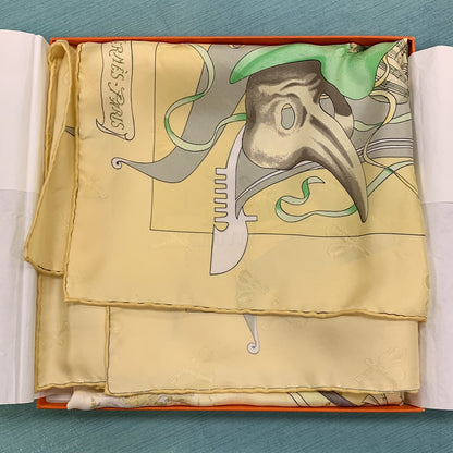 Hermes Carre 90 100% Silk Paris Fete Vinitiennes Opera Yellow Neckerchief Scarf