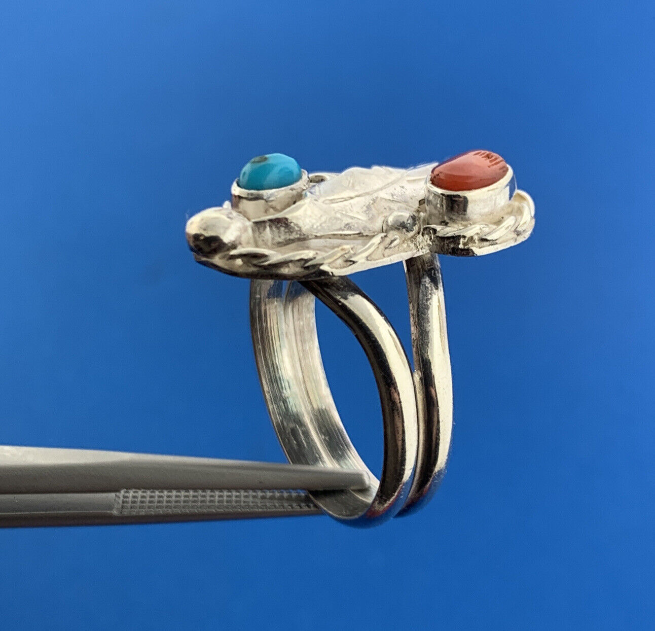 Stunning Sterling Silver 925 Turquoise Coral Floral Short Finger Ring Size 7.75