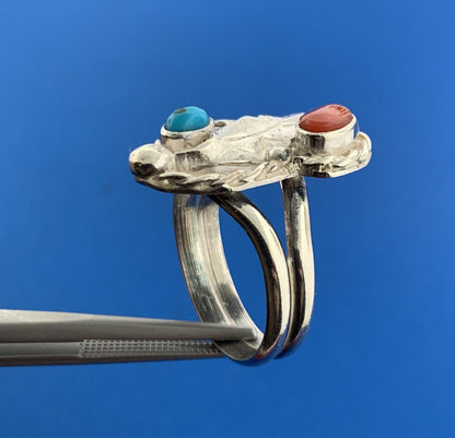 Stunning Sterling Silver 925 Turquoise Coral Floral Short Finger Ring Size 7.75