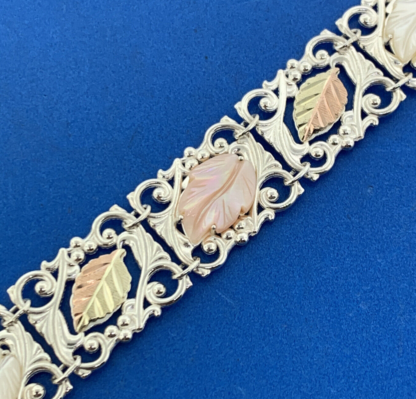 925 Sterling Silver 12K Yellow Rose Gold Mother Of Pearl Leaf Panel Bracelet