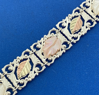 925 Sterling Silver 12K Yellow Rose Gold Mother Of Pearl Leaf Panel Bracelet