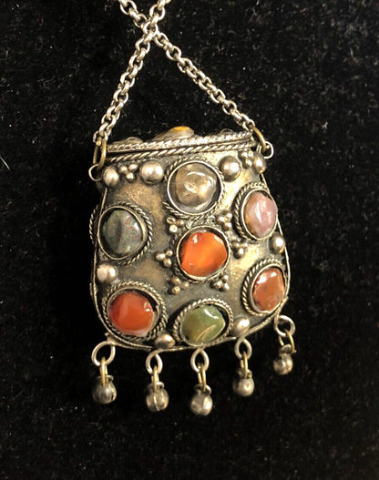 Vintage Sajai Metal Mixed Gemstone Silver Tone Prayer Box Coin Purse Necklace