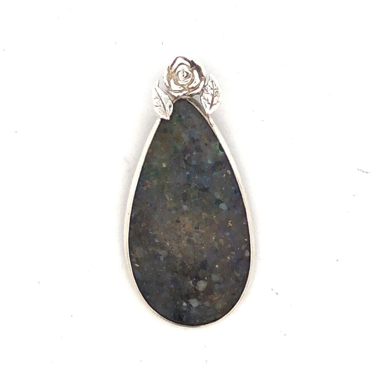 Vintage 925 Sterling Silver Pear Black Opal Flower Detail Statement Pendant