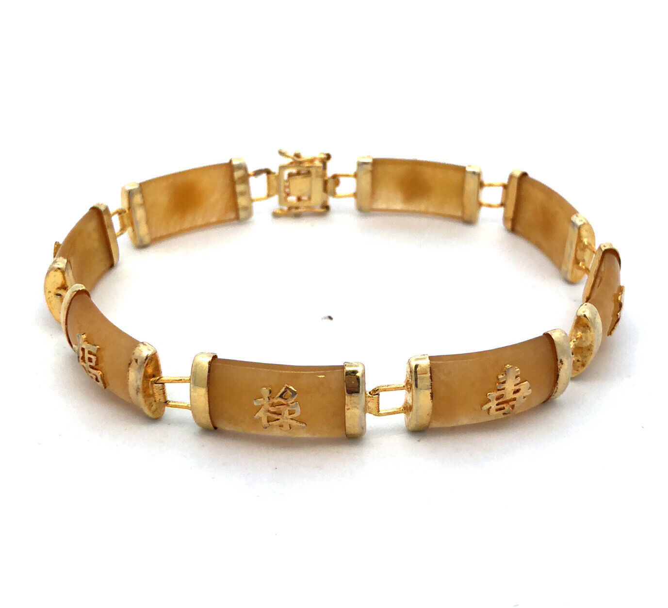 925 Sterling Silver Estate Vermeil Yellow Jade Chinese Luck Longevity Bracelet