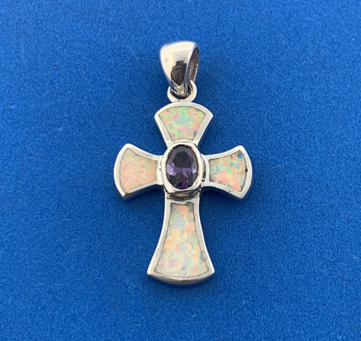 Designer 925 Sterling Silver Oval Amethyst Opal Inlay Modernist Cross Pendant