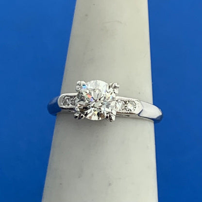 Vintage 14K White Gold Round Diamond Solitaire W/Accents Engagement Ring