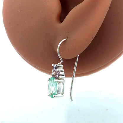 Designer HAN 925 Sterling Silver Oval Aquamarine Pink CZ Dangle Hook Earrings