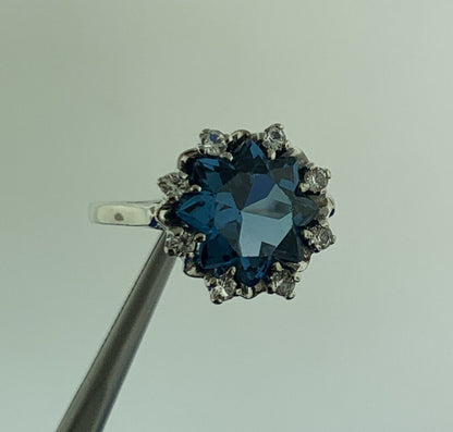 Designer 10K White Gold Blue Topaz Solitaire White Topaz Halo Anniversary Ring