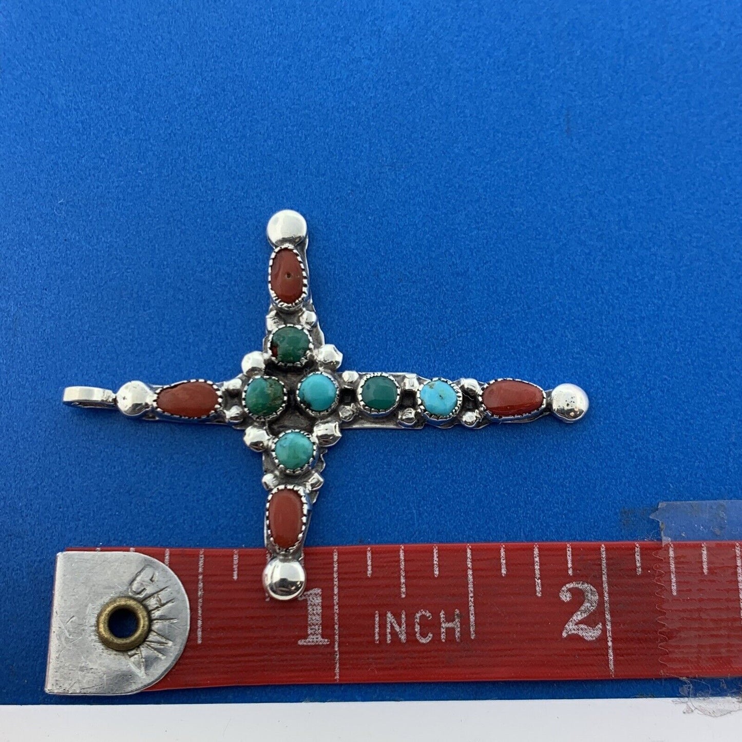 Native American Artisan Signed 925 Sterling Silver Turquoise Coral Cross Pendant