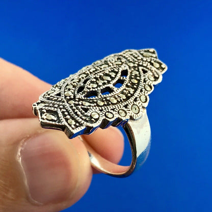Retro 925 Sterling Silver Marcasite Filigree Scroll Statement Cocktail Ring