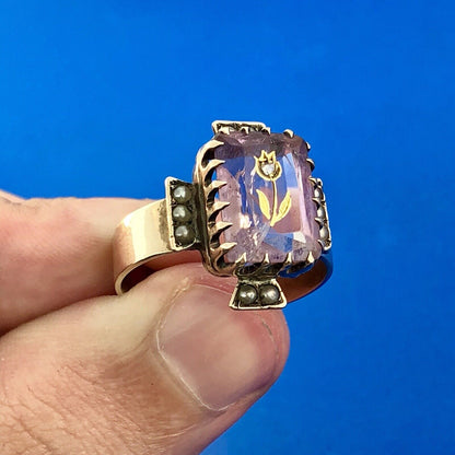 Art Deco Art Nouveau 14K Yellow Gold Amethyst Diamond Seed Pearl Cocktail Ring
