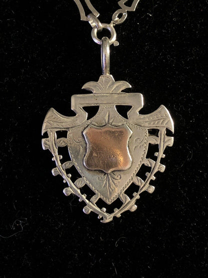 Antique 925 Sterling Silver Engravable Coat Of Arms Shield Pendant Necklace