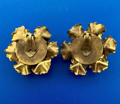 Vintage Gold Tone 3D Rhinestone Floral Cluster Statement Runway Clip Earrings