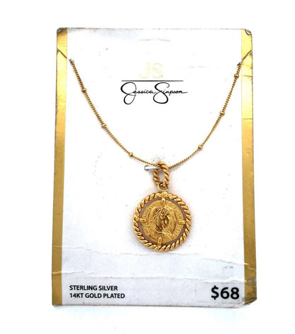 Jessica Simpson 925 Sterling Silver 14K Gold Plated Round Coin Pendant Necklace