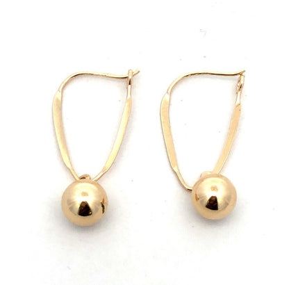 Designer 14K Yellow Gold Round Ball Charm Oval Hoop Dangle Earrings