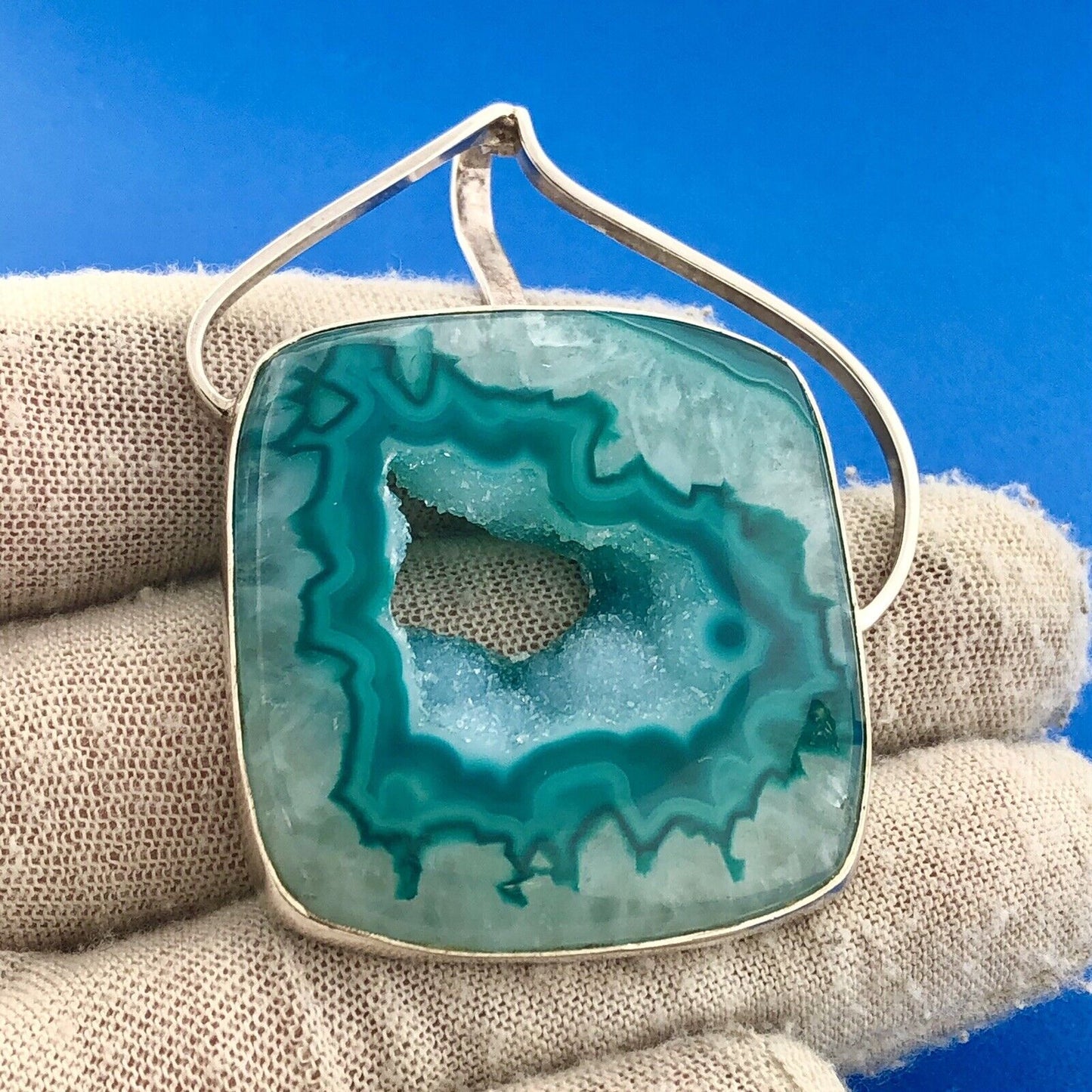 Stunning Sterling Silver 925 Blue Green Druzy Quartz Modernist Statement Pendant