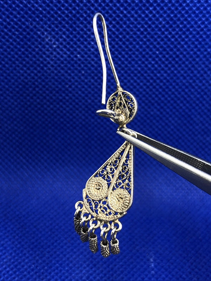 Beaded Filigree 925 Sterling Silver Dangle Drop Hook Earrings