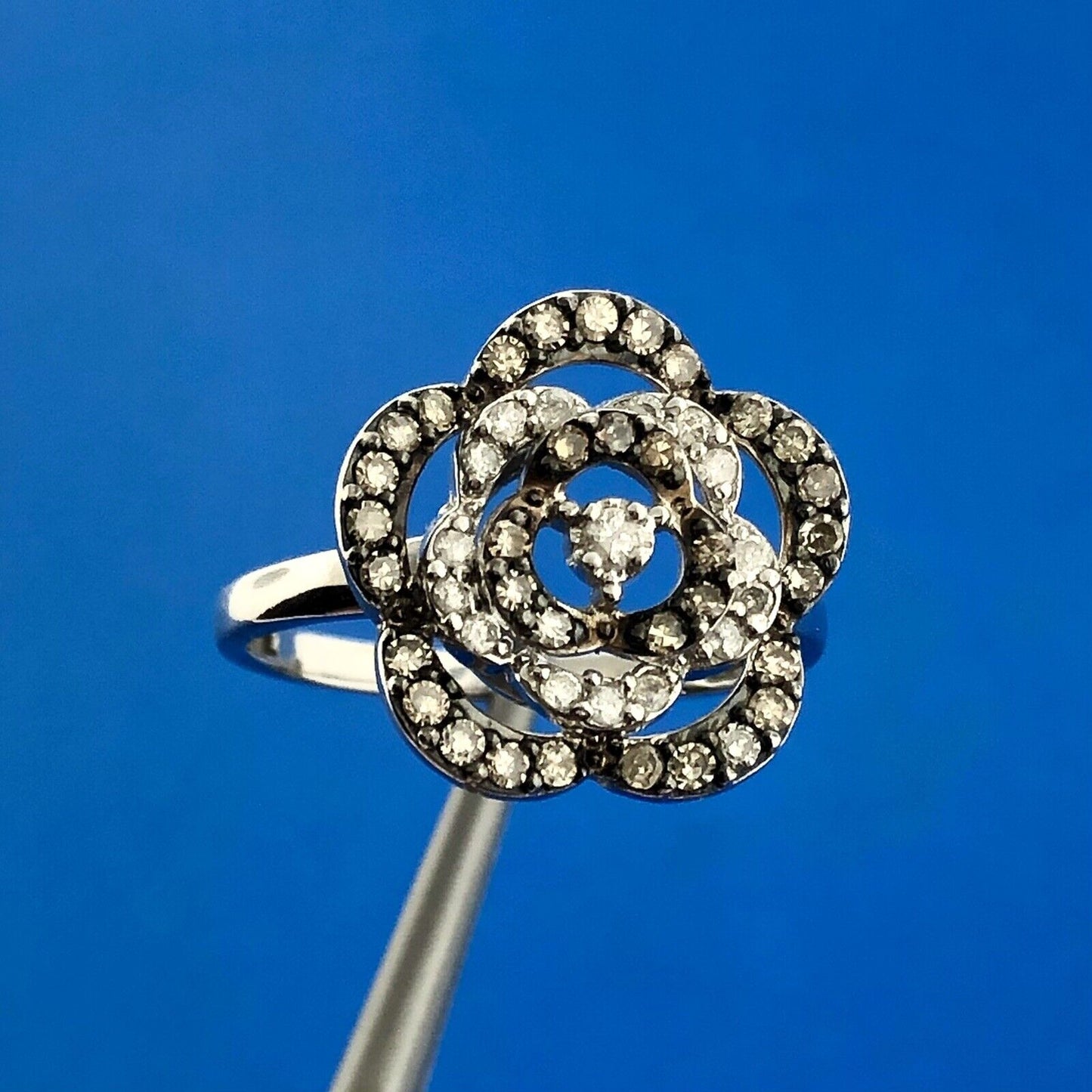 Gorgeous Mexican 14k White Gold White Champagne Diamond Open Flower Ring Size 8