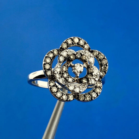 Gorgeous Mexican 14k White Gold White Champagne Diamond Open Flower Ring Size 8