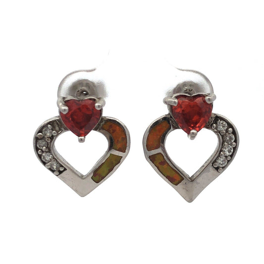 925 Sterling Silver Red White Cubic Zirconia Opal Heart Stud Earrings