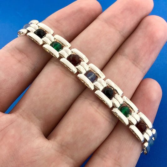 Vintage Milor Italy Sterling Silver 925 Multi-Colored Bead Panel Link Bracelet