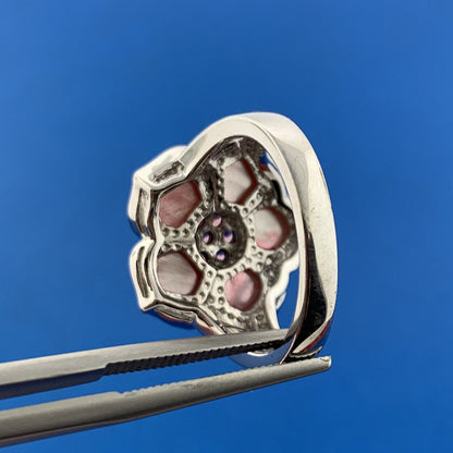 Designer EA Sterling Silver 925 Pink CZ Pink Mother Of Pearl Flower Cluster Ring