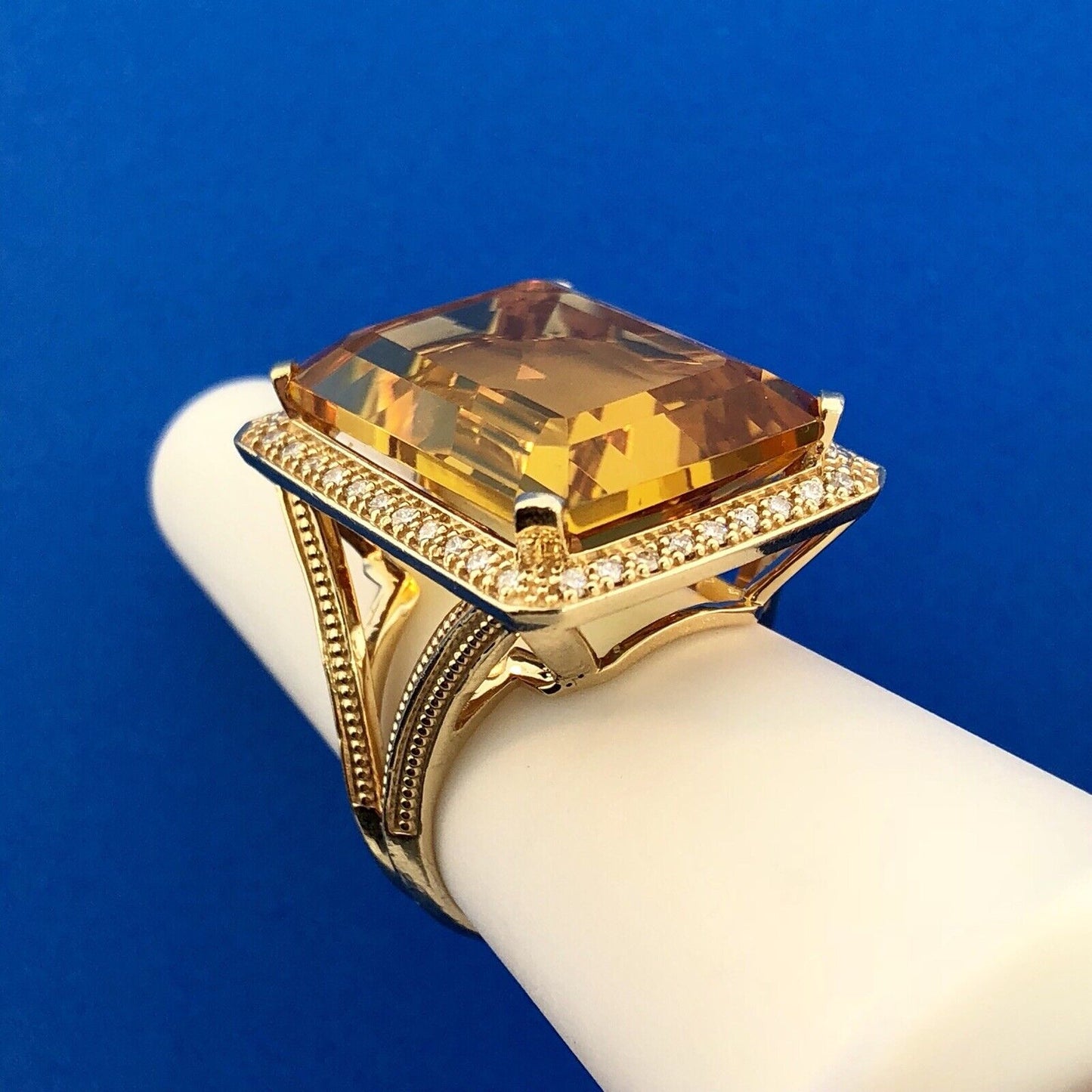 Dramatic 14K Yellow Gold Citrine Diamond Halo November Anniversary Dinner Ring