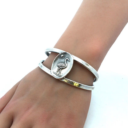 Designer 925 Sterling Silver Heron Crane Bird Sun Oval Open Cuff Bracelet