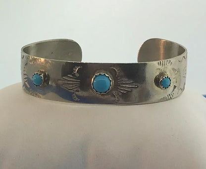 Vintage Childs Silver Tone Faux Turquoise Storyteller Etched Cuff Bracelet