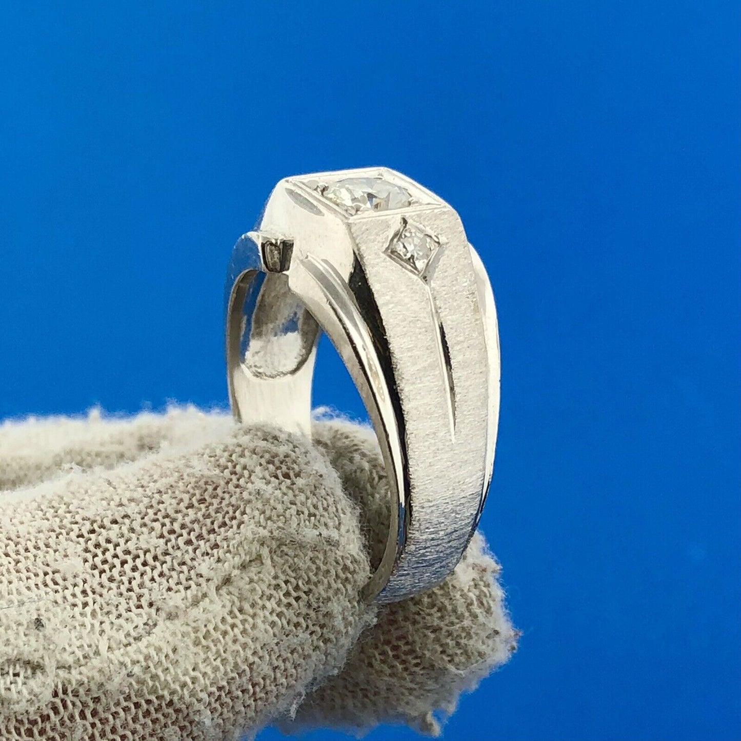 Men's 14k White Gold Round Cut Triple Diamond .51tcw Textured Ring Size 9.25