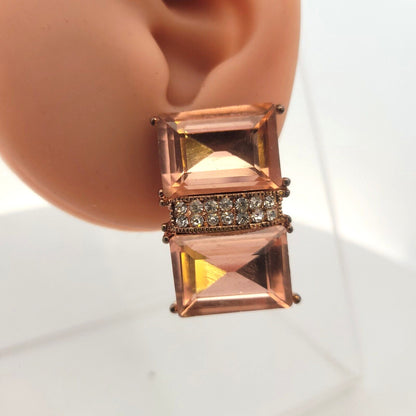 Vintage Copper Bronze Tone Pink & White Rhinestone Statement Clip On Earrings