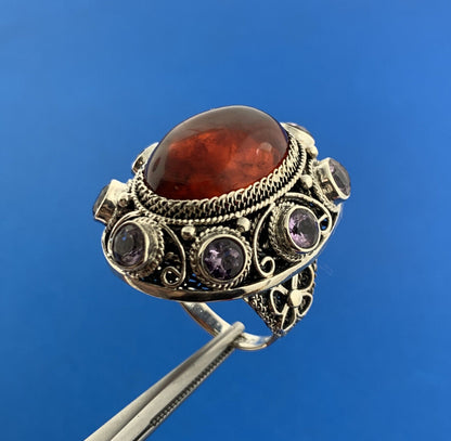 Designer 925 Sterling Silver Amber Cabochon Amethyst Accented Statement Ring