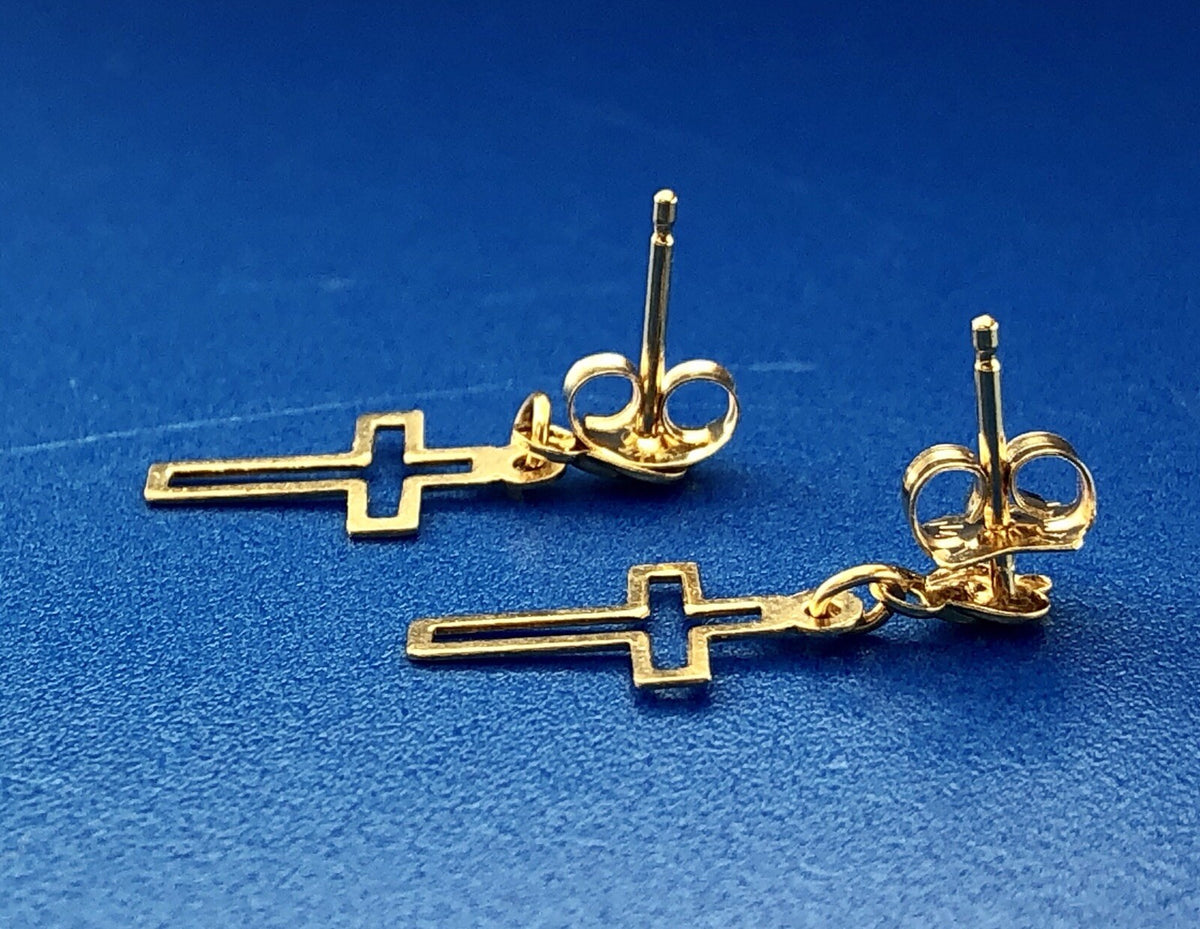 Retro 14K Yellow Gold Cross Cutout Religious Communion Dangle Stud Earrings