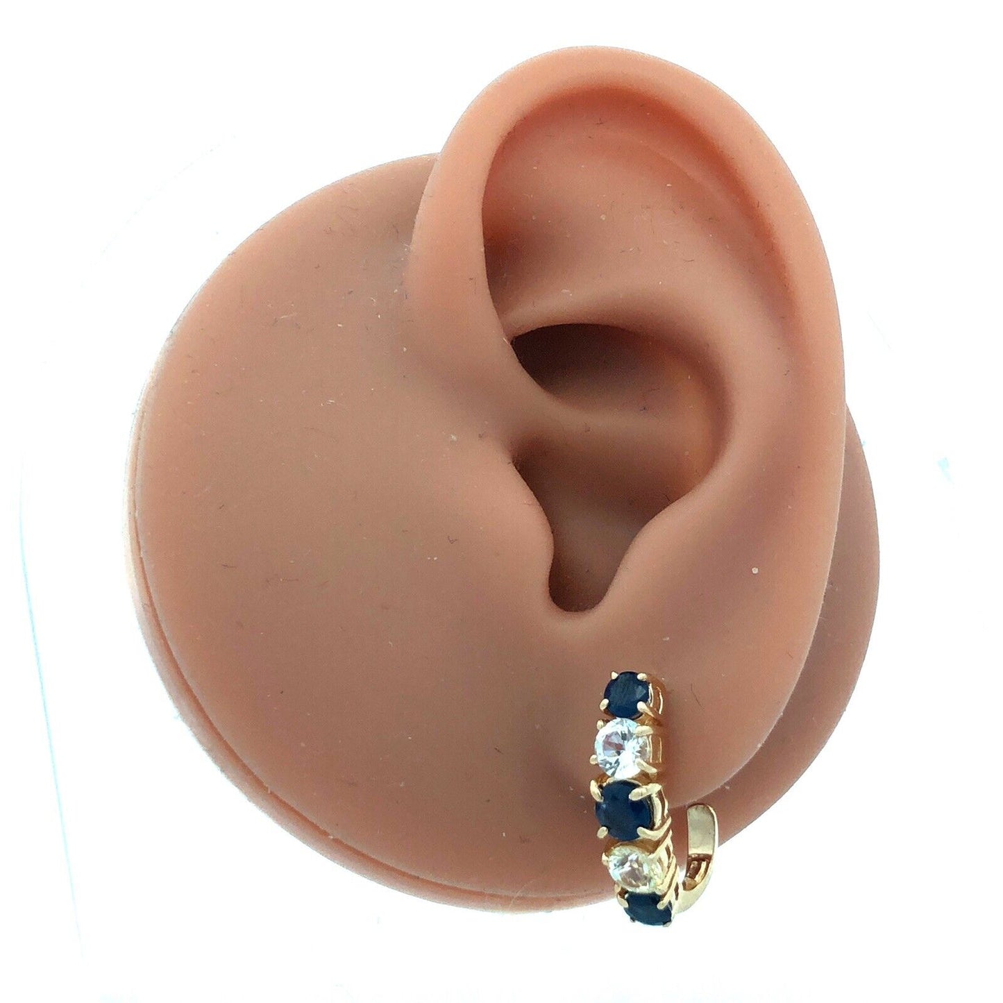 Designer 14K Yellow Gold Round Blue White Sapphire Half Hoop Drop Stud Earrings