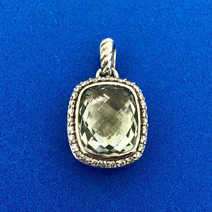 David Yurman DY Sterling Silver 925 Faceted Green Quartz Diamond Dangle Pendant
