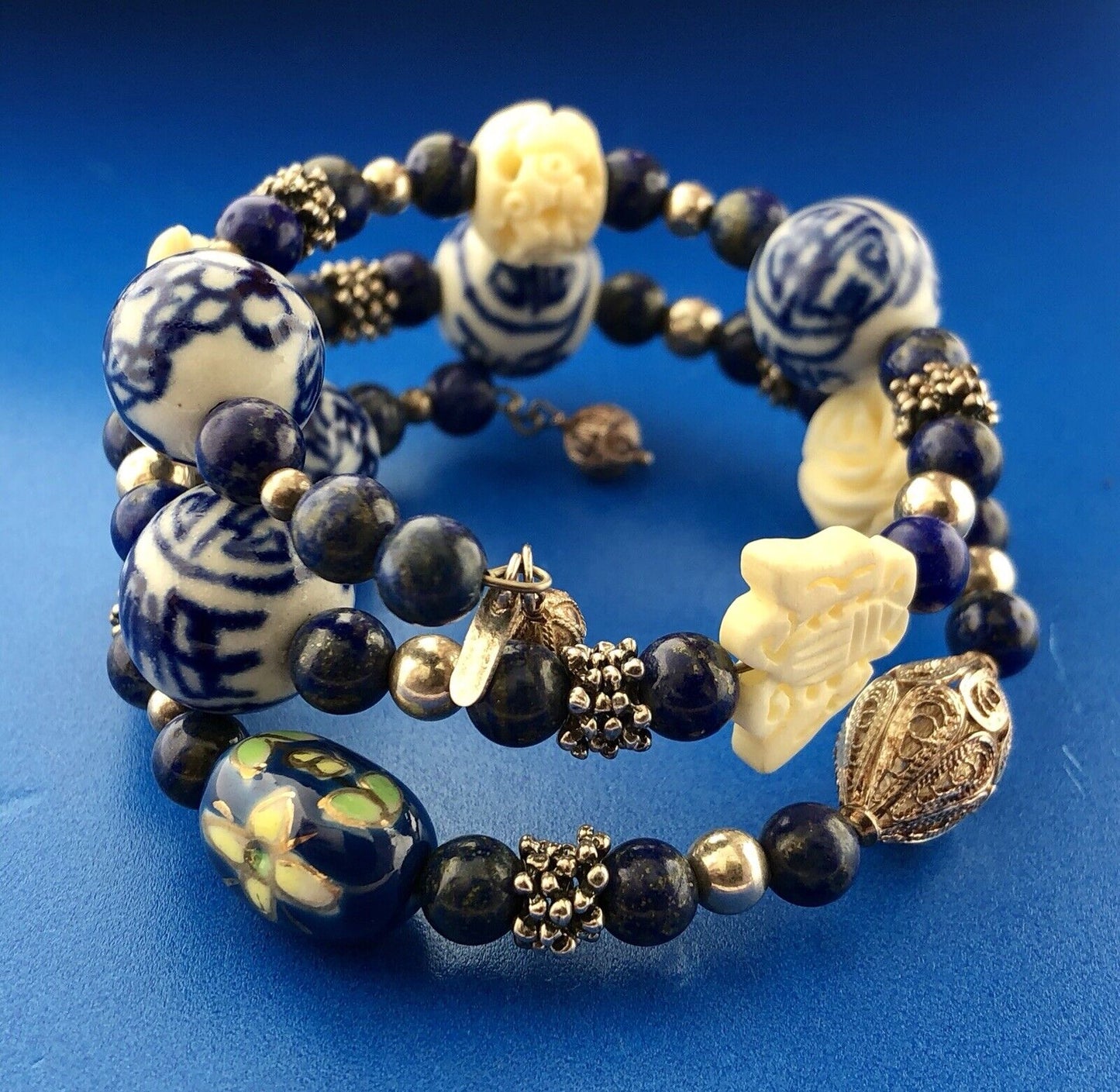 Sterling Silver 925 Lapis Ceramic Carved Cloisonne Bead Three Wrap Bracelet