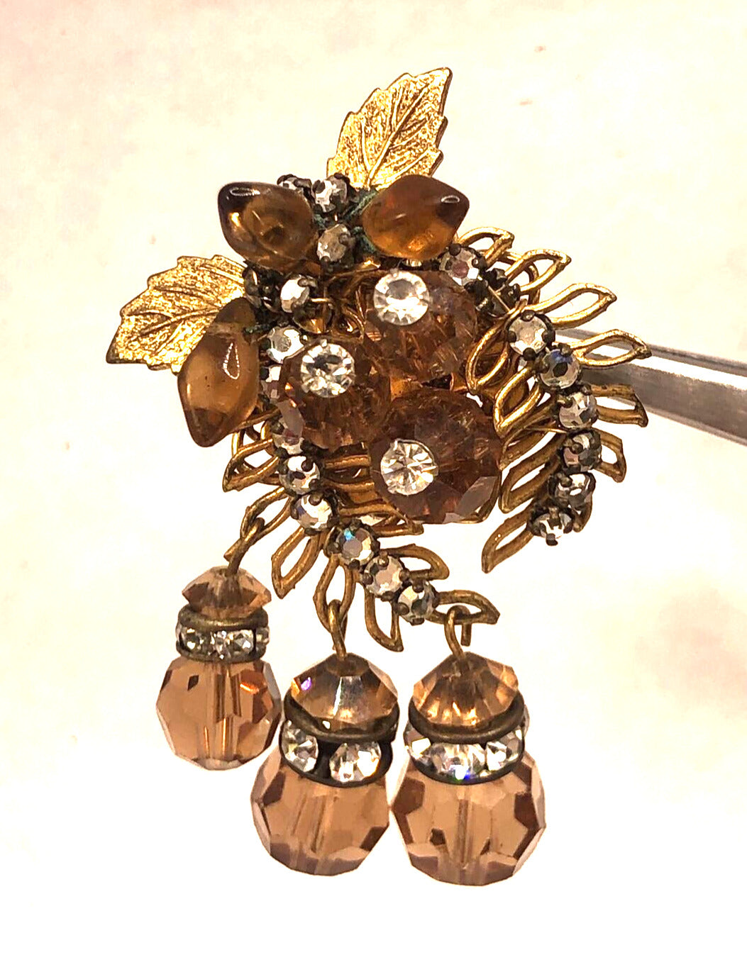 Mid Century Copper Tone Rhinestone Statement Dangle Clip On Stud Earrings