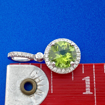 14k White Gold Peridot Pendant Diamond Halo Accents August Anniversary Pendant