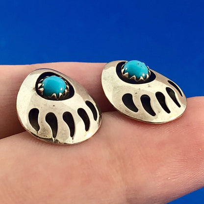 Native American Artisan DF 925 Sterling Silver Turquoise Bear Paw Claw Earrings
