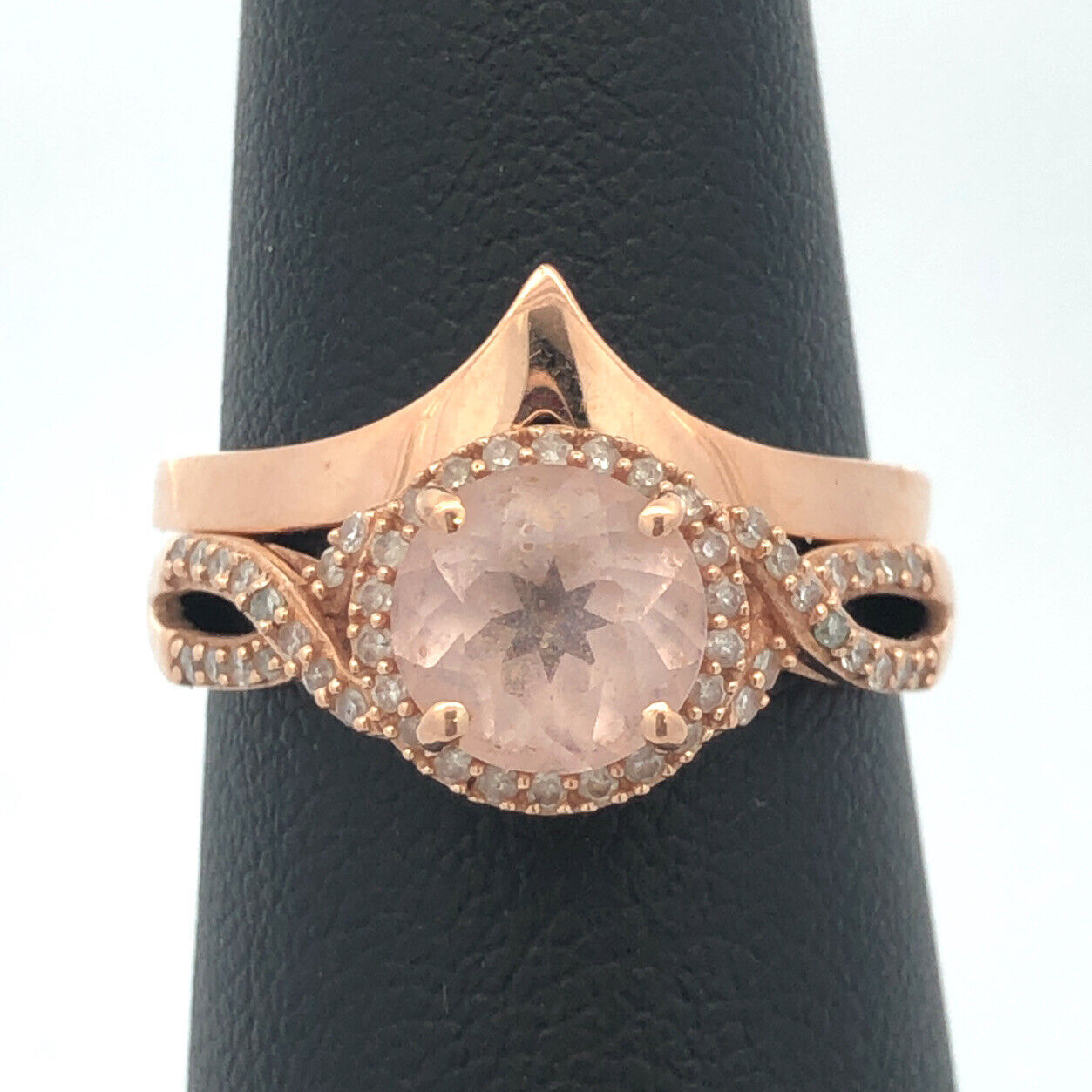 Designer 10K 14K Rose Gold Round Morganite Diamond Halo Engagement Ring Band Set